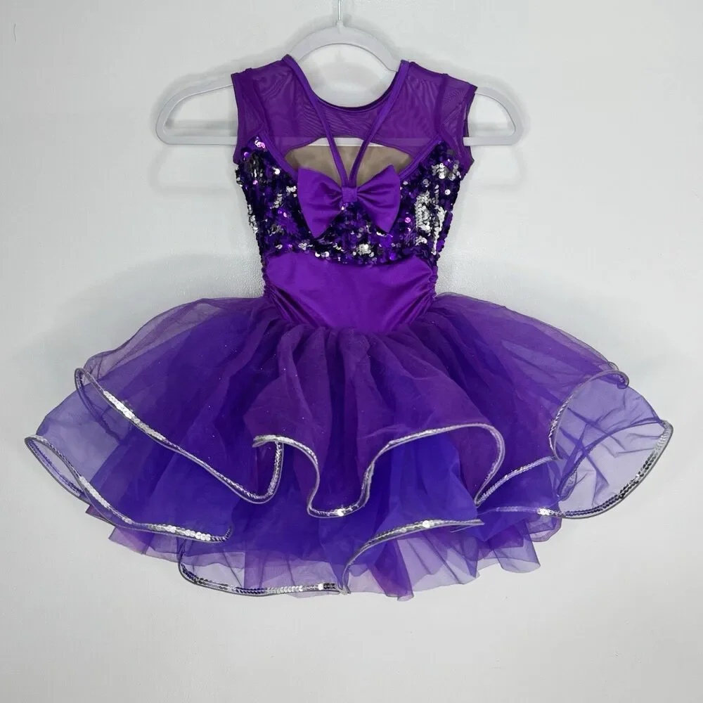 Weissman Dance Costume IC Sequins Jewel Curly Hem Tricot Skirt Bow Purple